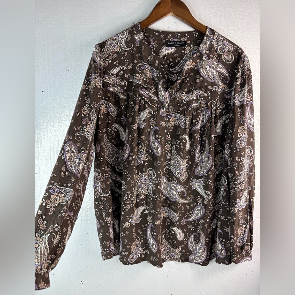 Lane Bryant 14 Paisley Floral Cotton Feel Tunic Top Blouse - Brown n Purple